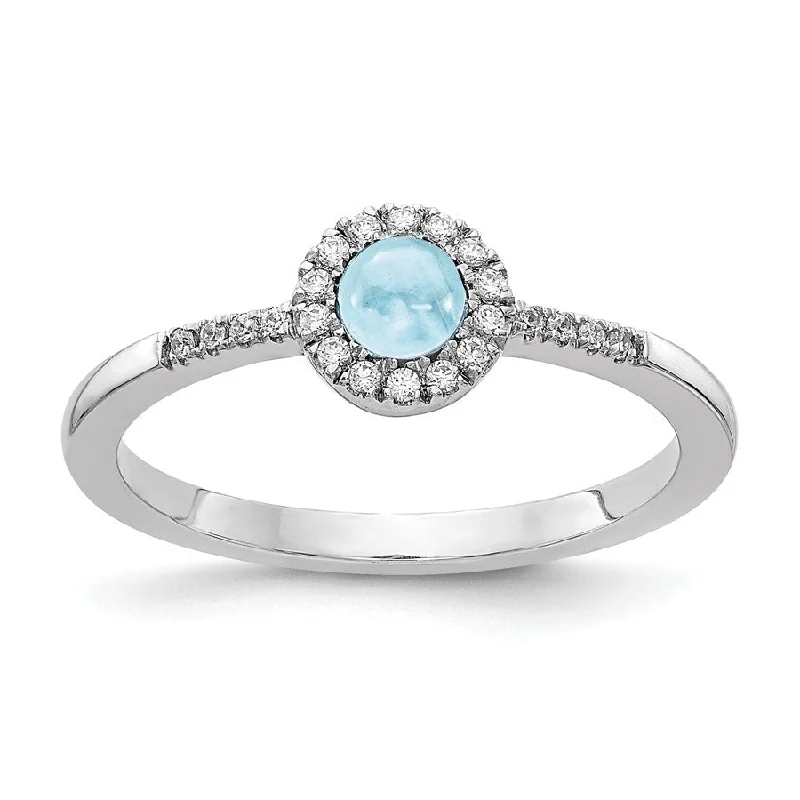 Ladies Rings for Summer Glow-14k White Gold Diamond Halo And Round Aquamarine Cabochon Ring