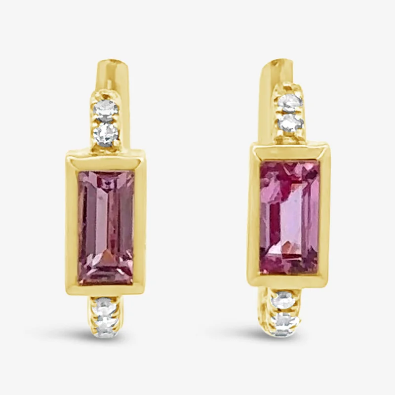 Ladies Earrings with Petal Spark-Bezel Set Pink Sapphire & Diamond Huggie Earrings