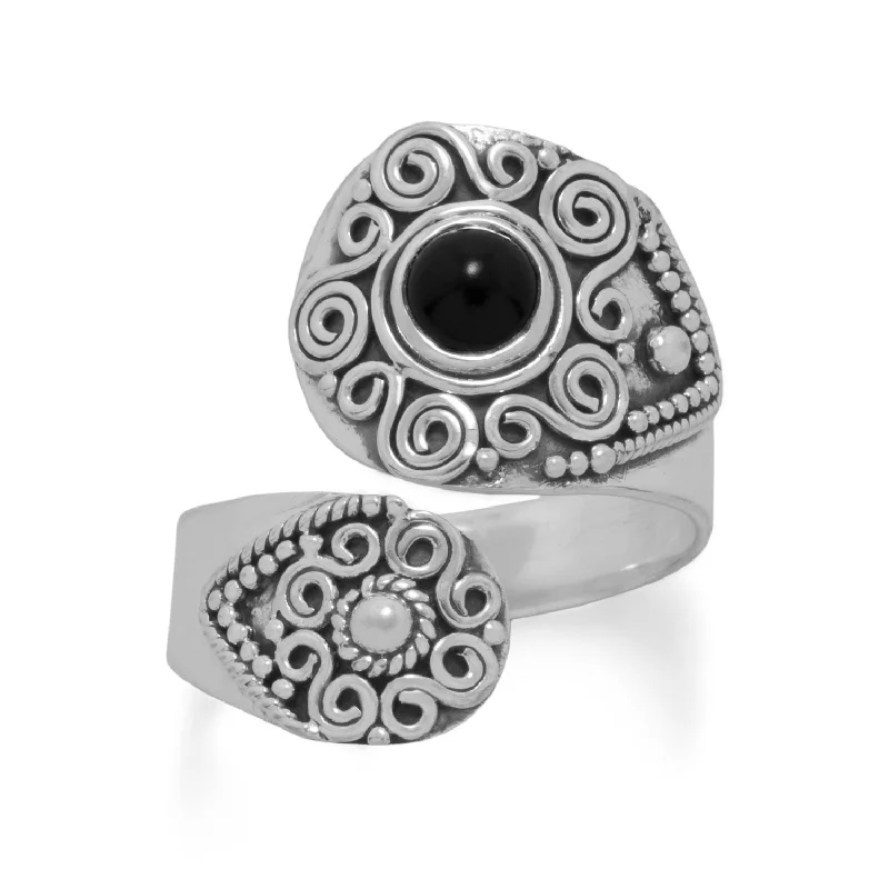 Ladies Rings with Aqua Hemimorphite-Sterling Silver Black Onyx Ornate Wrap Ring