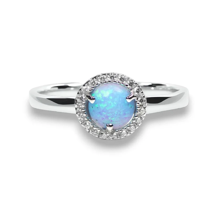 Ladies Rings for Love Glow-Sterling Silver Light Blue Opal and CZ Halo Ring