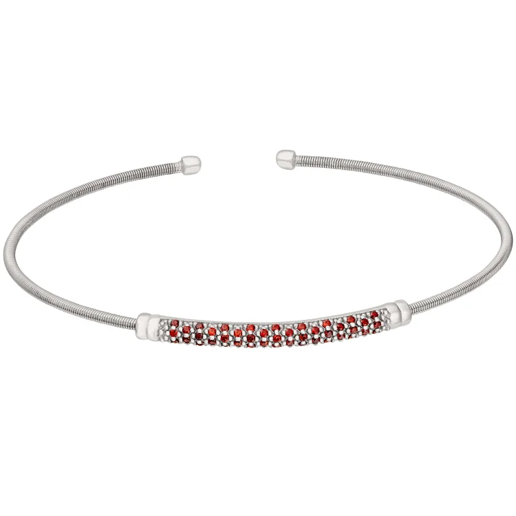 Key motif bracelets -Rhodium Finish Sterling Silver Cable Cuff Bracelet with Three Rows of Simulated Ruby Birth Gems - July