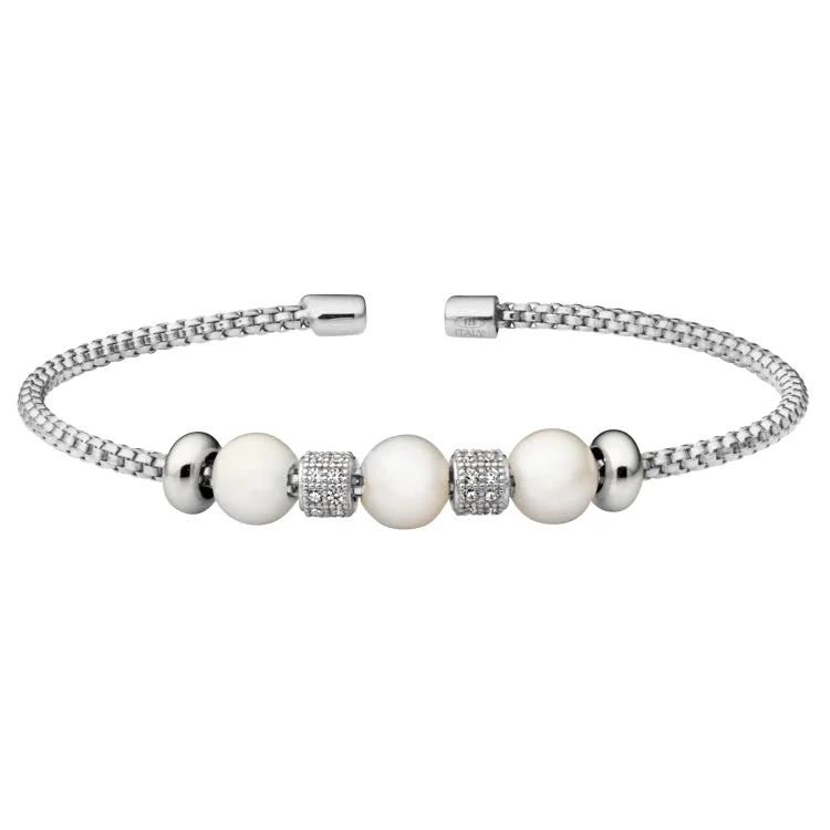 Fairy sprinkle bracelets -Rhodium Finish Sterling Silver Rounded Box Link Cuff Bracelet with Simulated Pearls and Simulated Diamond Barrels