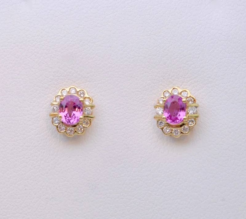 Ladies Earrings for Music Glow-Diamond and Pink Sapphire Post Earrings in 14K Yellow Gold