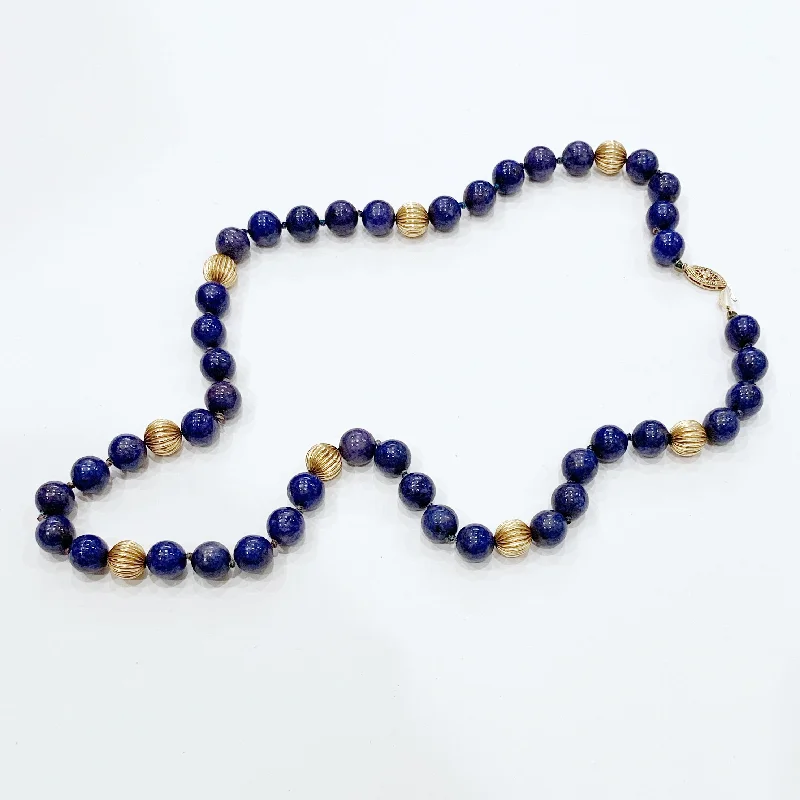 Ladies wanderlust journey necklaces -Estate Collection Necklace - 14K Gold Fluted Beads w/Lapis Beads