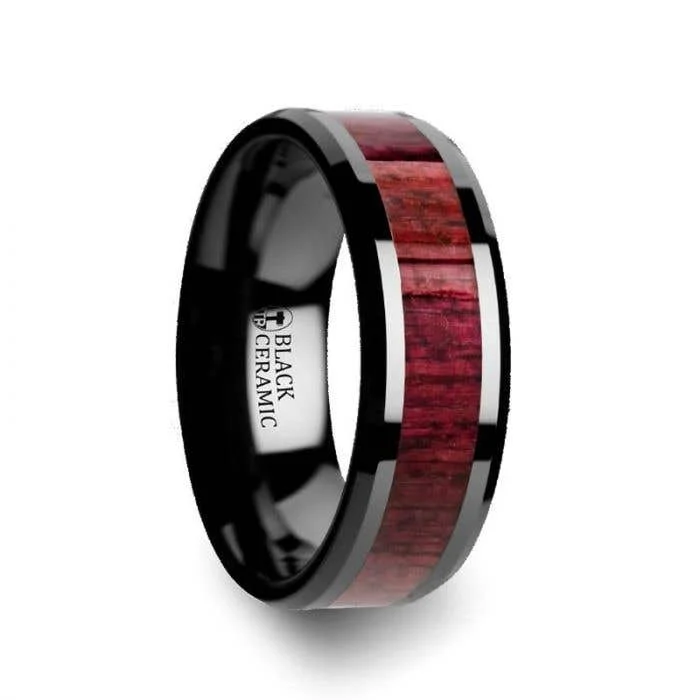 Ladies Rings with White Muscovite-Thorsten MORADO Purple Heart Wood Inlaid Black Ceramic Ring with Beveled Edges - 8mm