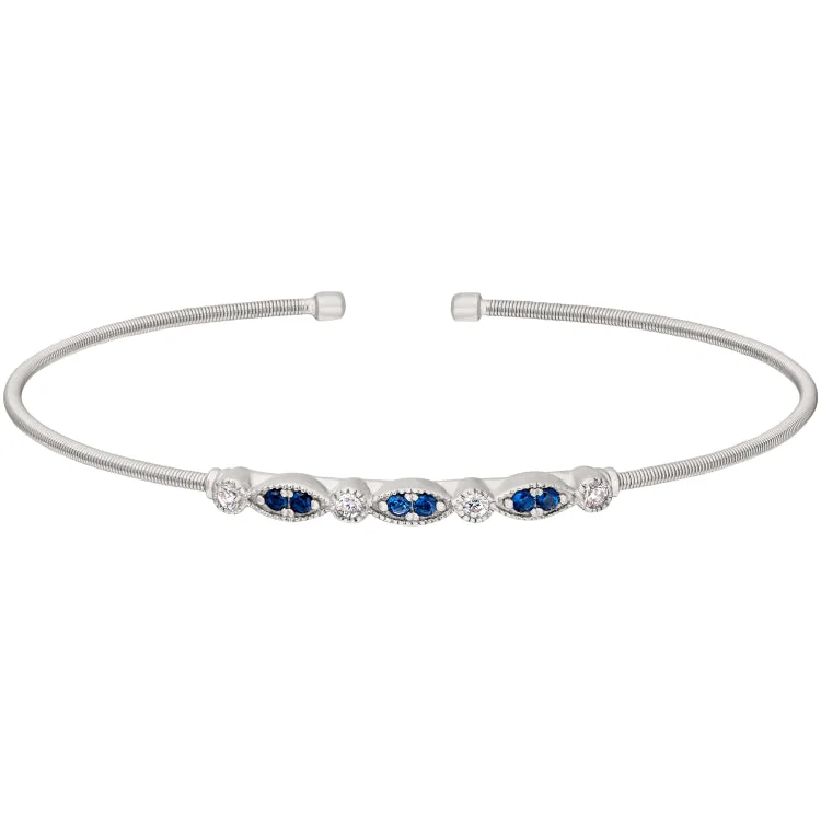 Blossoming spring bracelets -Rhodium Finish Sterling Silver Cable Cuff Bracelet with Simulated Blue Sapphire and Simulated Diamond Marquis & Round Design