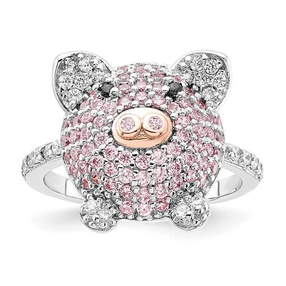 Ladies Rings with Green Clinozoisite-Sterling Silver Pink CZ Pig Ring