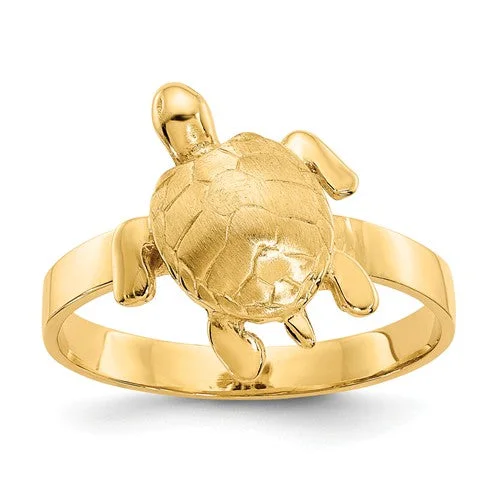 Ladies Rings with Coral Shine-14K Yellow Gold Textured Sea Turtle Ring