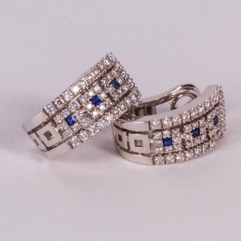 Ladies Earrings for Bride Shine-18K White Gold Diamond Hoop Earrings with Sapphires