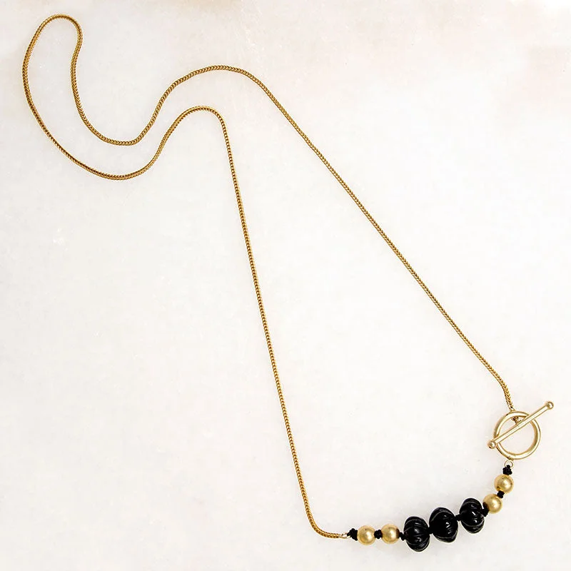 Ladies frosty winter necklaces -Black Tourmaline & Gold Beaded Necklace by Ancient Influences