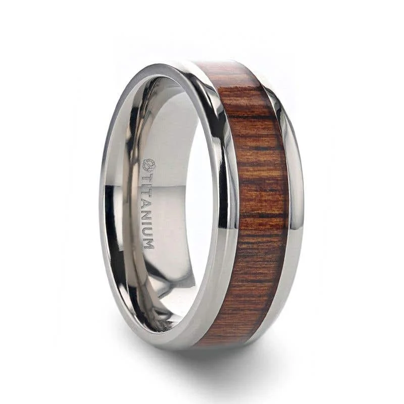 Ladies Engagement Rings with Cavansite Spark-Thorsten KOAN Titanium Polished Finish Koa Wood Inlaid Men’s Wedding Ring with Beveled Edges - 6mm & 8mm