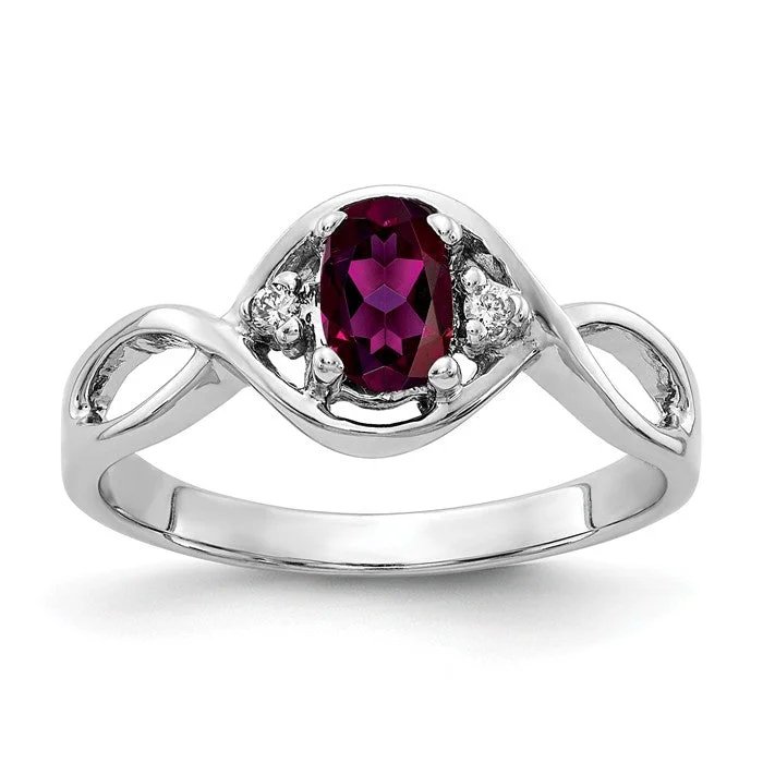 Ladies Rings with Lock Shine-14k White Gold 6x4mm Oval Rhodolite Garnet and Diamond Infinity Style Ring