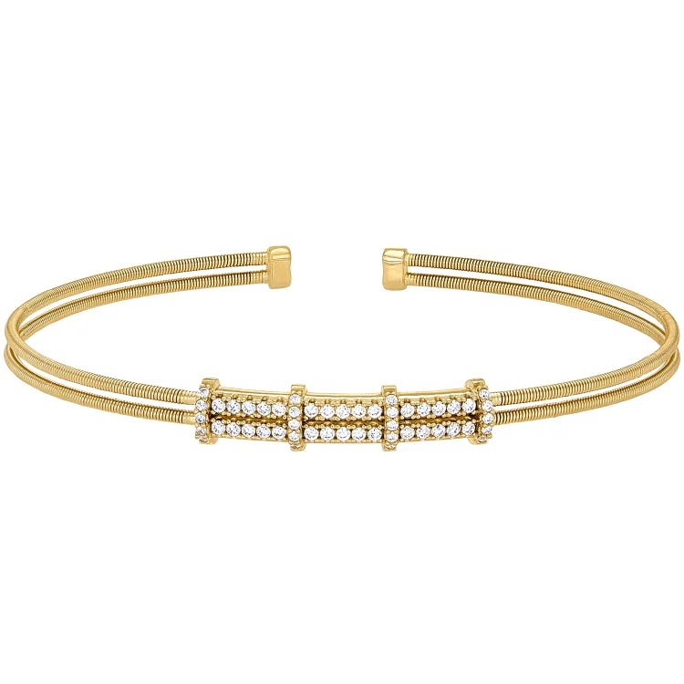 Deep onyx bracelets -Gold Finish Sterling Silver Two Cable Cuff Bracelet with Two Row Simulated Diamond Pattern