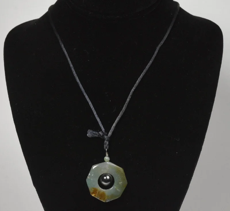 Ladies loving embrace necklaces -Nephrite Jade and Magnetite Pendant on Black Silk Cord Necklace