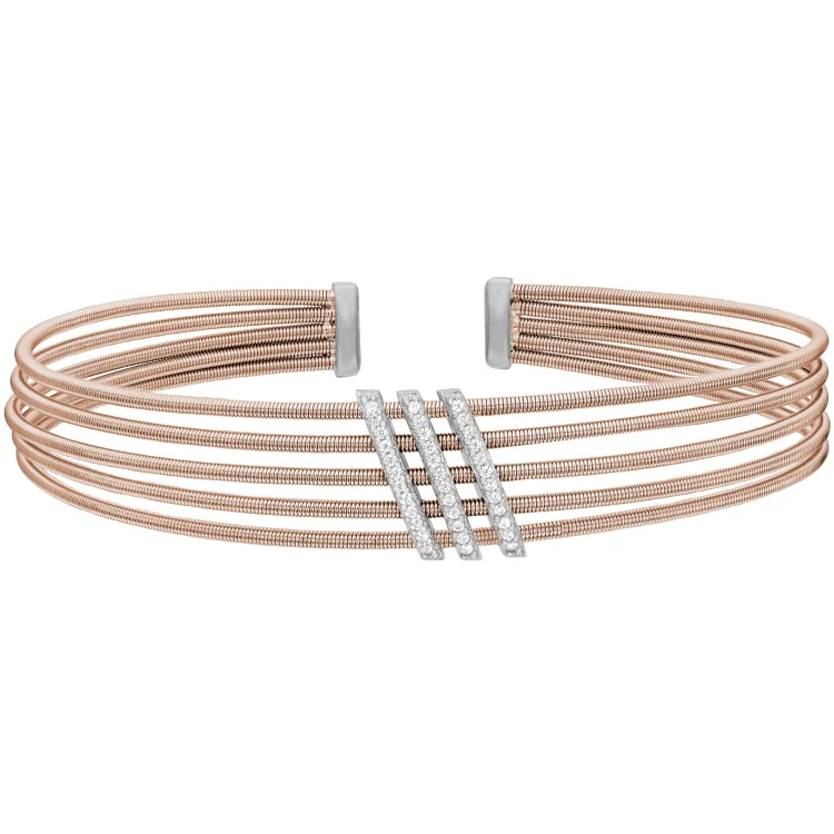 Daring edge bracelets -Rose Gold Finish Sterling Silver Multi Cable Cuff Bracelet with Rhodium Finish Simulated Diamond Three Diagonal Bars