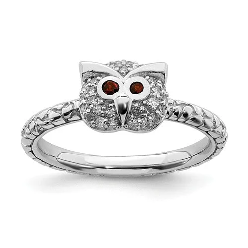 Ladies Rings with Compass Glow-Sterling Silver Stackable Expressions Garnet & Diamond Owl Ring