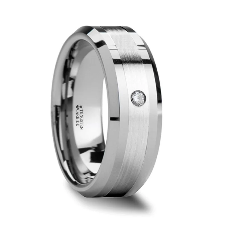 Ladies Rings with Soft Morganite-Thorsten GAUTIER Beveled Tungsten Carbide Ring w/ Palladium Inlaid & Diamond - 8mm