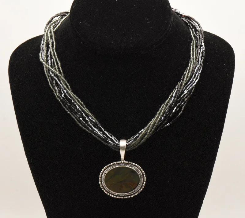 Ladies pristine white gold necklaces -Ammolite Pendant on Multi-Strand Beaded Necklace