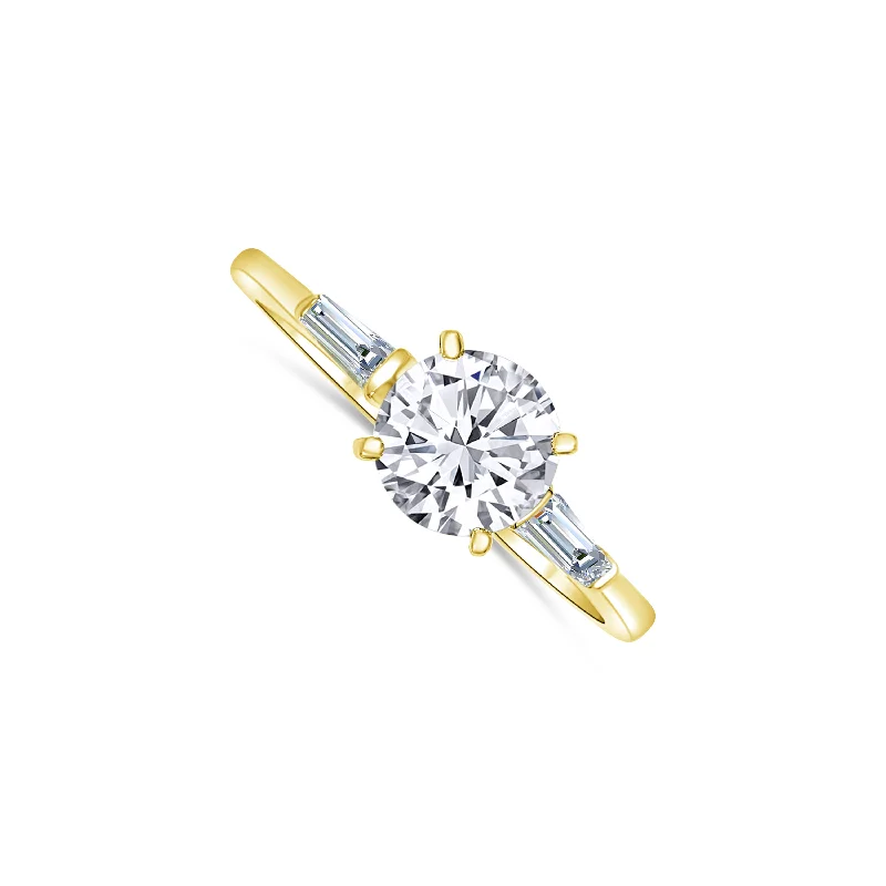 Ladies Engagement Rings with Rhodochrosite Shine-14K Yellow Gold Diamond Engagement Ring 1.18 carat Center Diamond 0.22 carat Baguette on Each side