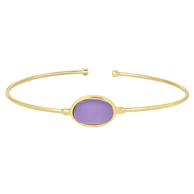 Glossy finish bracelets -Gold Finish Sterling Silver Rounded Omega Cable Cuff Bracelet with an Oval Purple Murano Stone