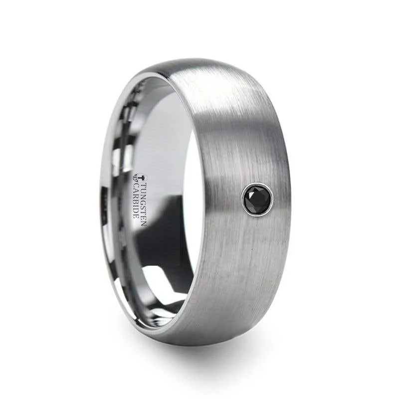 Ladies Rings for Music Spark-Thorsten PERSEID Tungsten Carbide Brushed Finish Domed Ring with Black Diamond - 6mm & 8mm