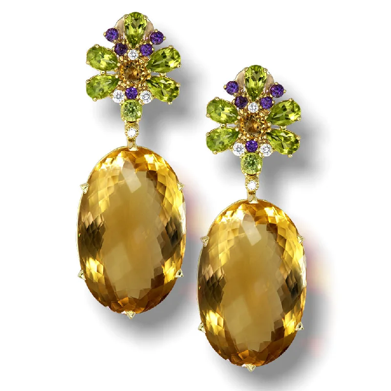 Ladies Earrings with Red Wulfenite-Gold Blossom Drop Earrings with Citrine & Peridot