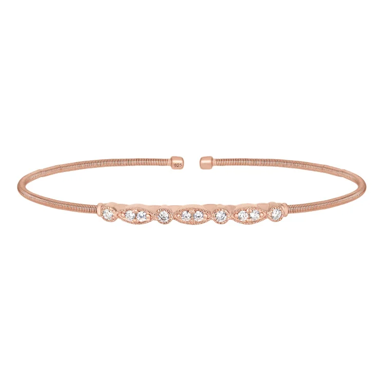 Subtle grace bracelets -Rose Gold Finish Sterling Silver Cable Cuff Bracelet with Simulated Diamond Marquis & Round Design