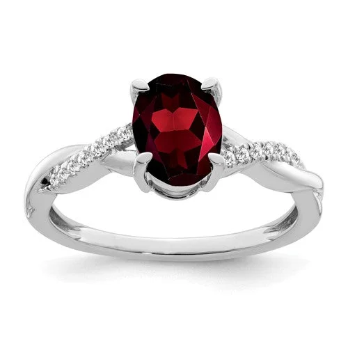 Ladies Rings with Wave Spark-14K White Gold Oval Garnet And Diamond Ring