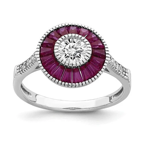 Ladies Rings with Custom Spark-Sterling Silver Created Ruby And CZ Halo Ring