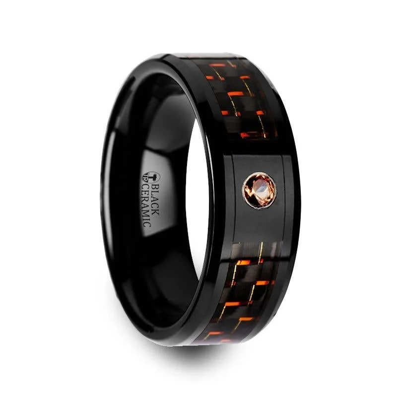 Ladies Rings for Bride Glow-Thorsten HELSING Black Ceramic Ring Black Orange Carbon Fiber Padparadscha Sapphire Setting - 8mm