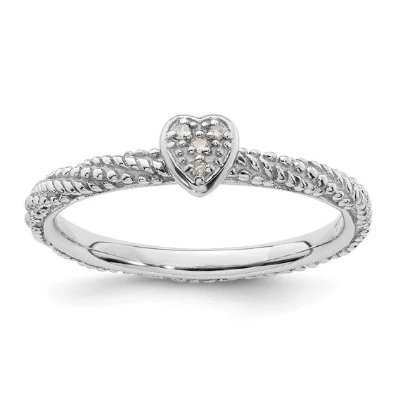 Ladies Rings for Design Shine-Sterling Silver Diamond Stackable Expressions Textured Heart Ring