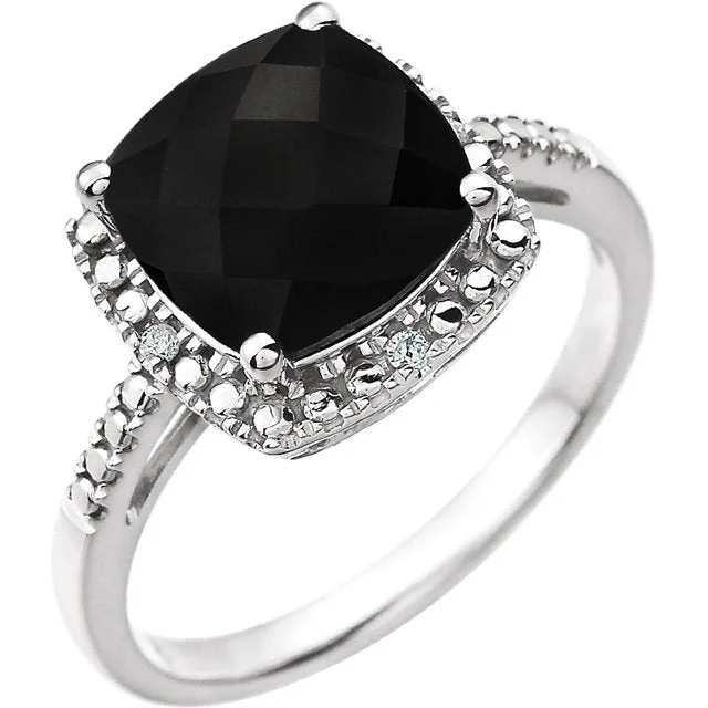 Ladies Rings with Royal Lapis-14k White Gold 9mm Cushion Cut Onyx & Diamond Halo-Style Ring