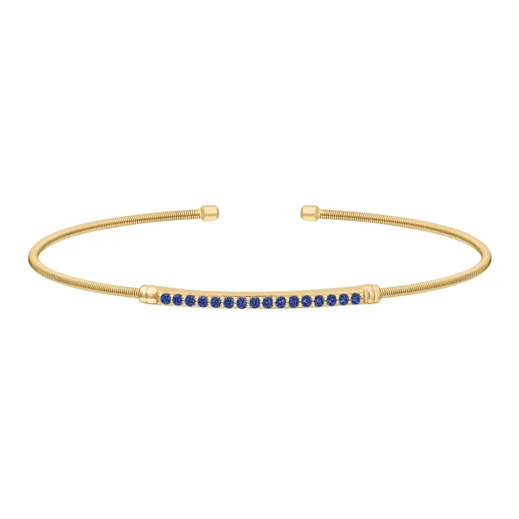 Snug fit bracelets -Gold Finish Sterling Silver Cable Cuff Bracelet with Simulated Blue Sapphire Birth Gems - September