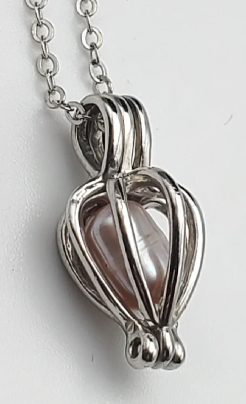 Ladies silky smooth necklaces -Pink Pearl Heart Cage Pendant on Sterling Silver Chain Necklace - 16.5"