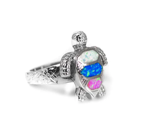 Ladies Rings with Amber Scapolite-Sterling Silver Multi-Color Opal Sea Turtle Ring with Hawaiian Floral Band