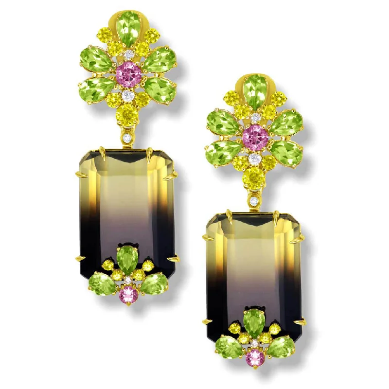 Ladies Earrings with Striped Agate-Gold Blossom Earrings with Quartz, Peridot & Sapphire