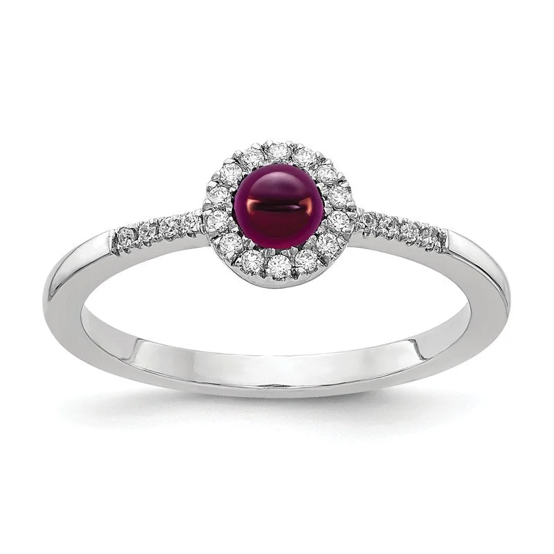 Ladies Rings Bright Spark-14k White Gold Diamond Halo And Rhodolite Garnet Chabochon Ring