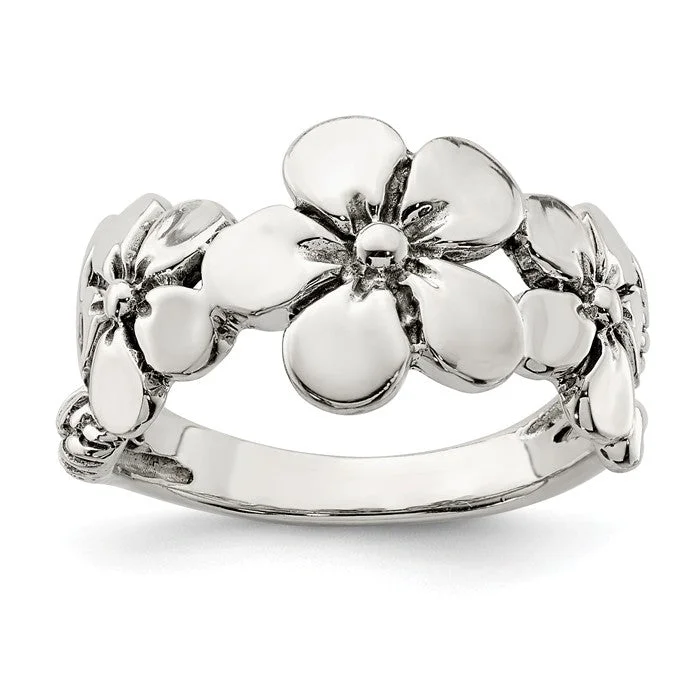 Ladies Rings with Etched Spark-Sterling Silver Hawaiian Flower Ring