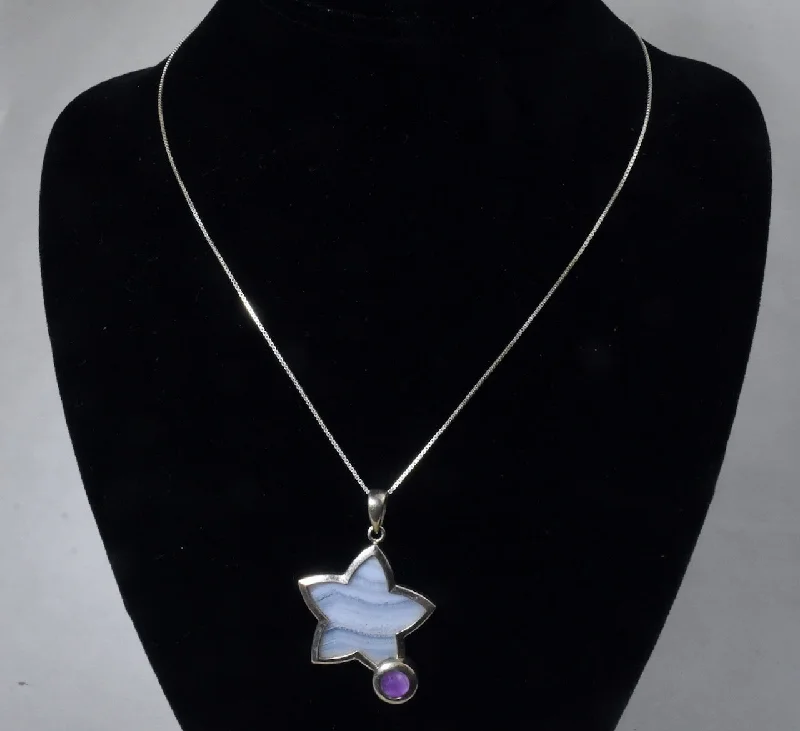 Ladies soulful essence necklaces -Sterling Silver Blue Lace Agate and Amethyst Star Pendant on Sterling Silver Chain Necklace