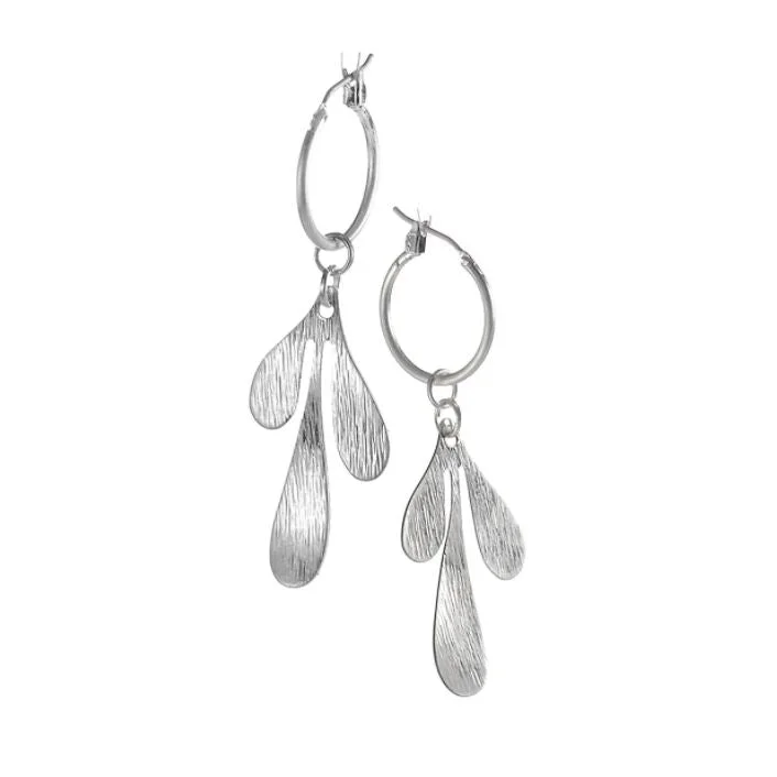 Ladies Earrings with Etched Spark-Hot Tomato Leaf Charm Captured on Hoop Earrings in Worn Silver