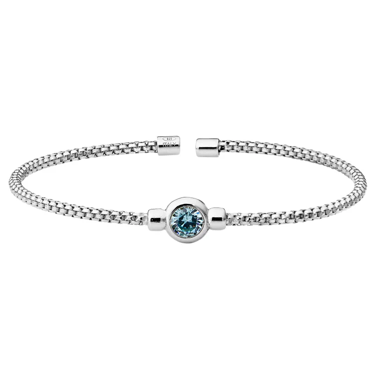 Empowering glow bracelets -Rhodium Finish Sterling Silver Rounded Box Link Cuff Bracelet with Bezel Set Simulated Aqua Marine Birth Gem