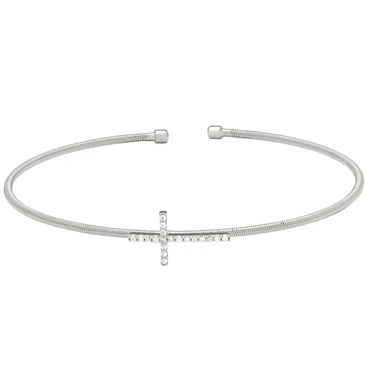 Fanciful twist bracelets -Rhodium Finish Sterling Silver Cable Cuff Cross Bracelet with Simulated Diamonds