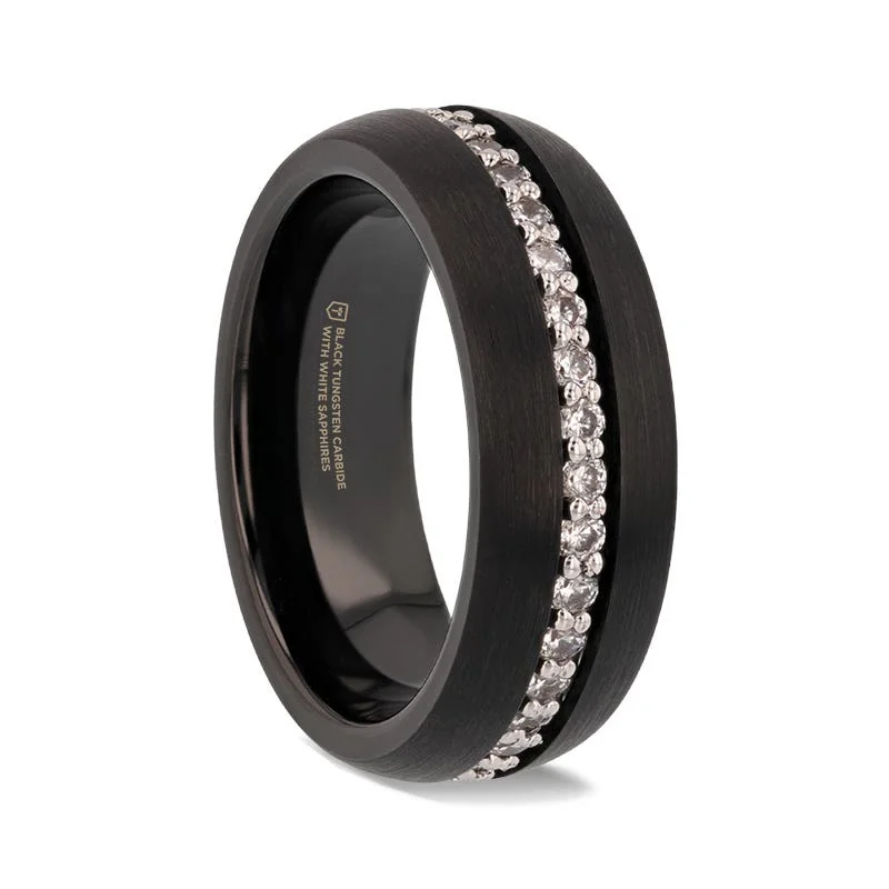 Ladies Rings for Mom Shine-Thorsten TSAR Black Tungsten Carbide Ring Domed Brushed Finish White Sapphires - 8mm