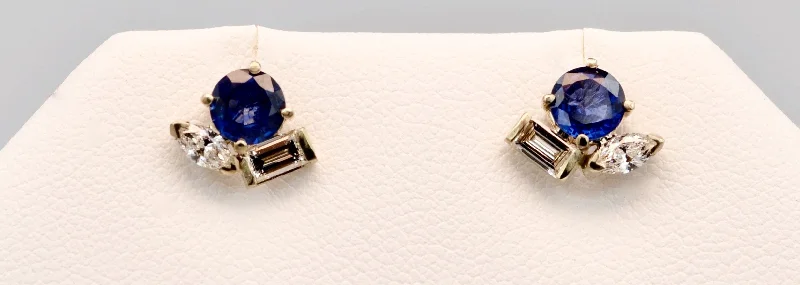 Ladies Earrings with Initial Spark-14K white gold Sapphire stud earrings with Diamonds