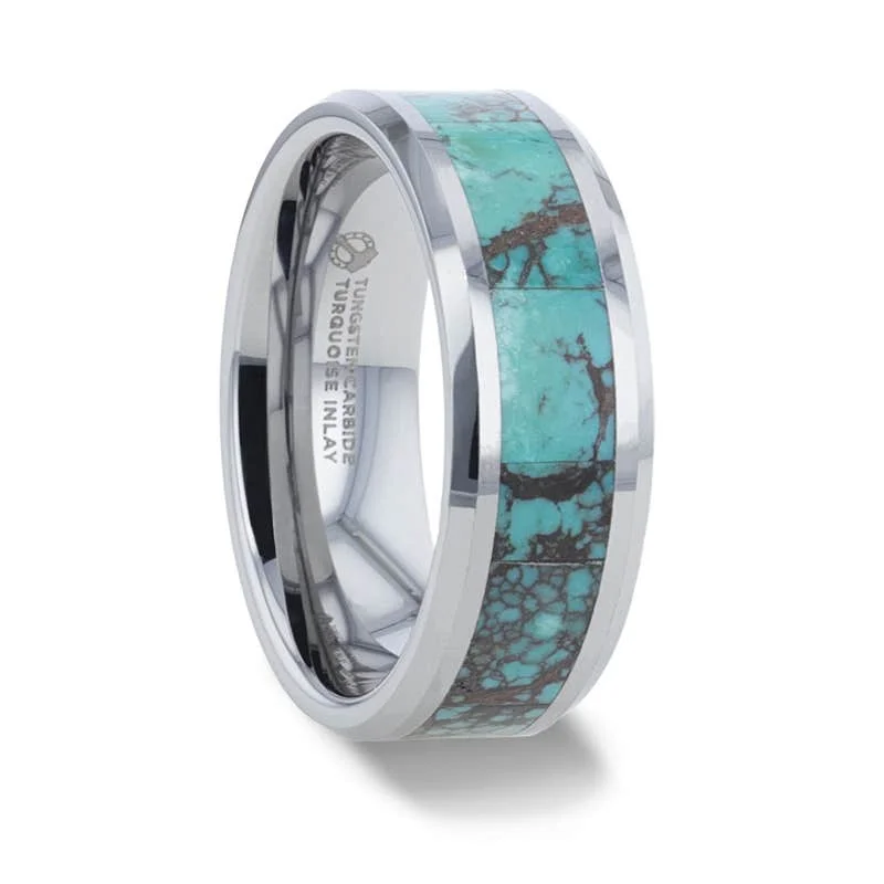 Ladies Rings with White Leucite-Thorsten TURKIS Turquoise Spider Web Inlay Tungsten Carbide ring with Beveled Polished Edges - 8mm