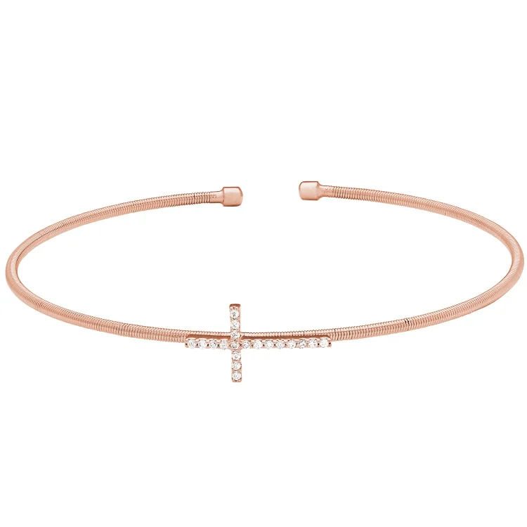 Affordable chic bracelets -Rose Gold Finish Sterling Silver Cable Cuff Cross Bracelet with Simulated Diamonds