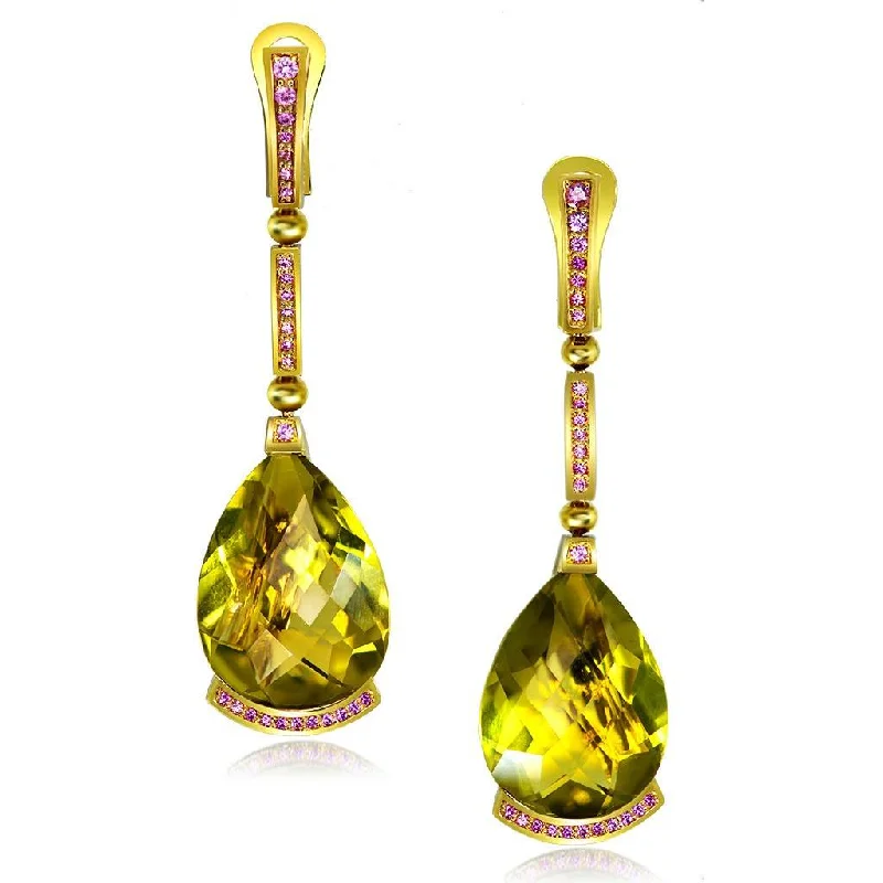 Ladies Earrings Dark Glow-Gold Swan Earrings with Lemon Citrine & Pink Sapphires