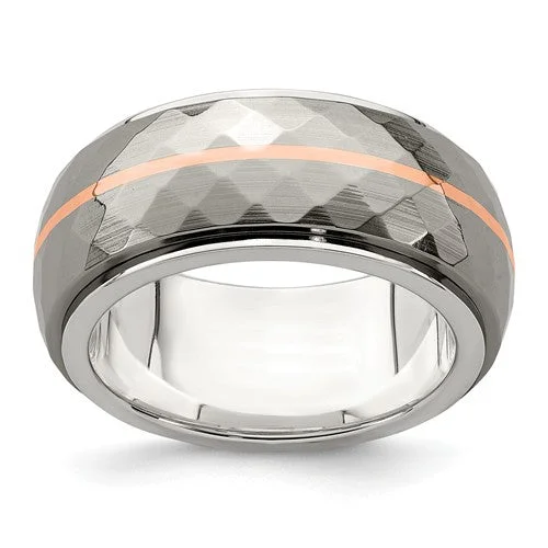 Ladies Rings with Teardrop Spark-Edward Mirell Sterling Silver & Titanium Inlay w/ 14k Rose Gold Stripe Ring