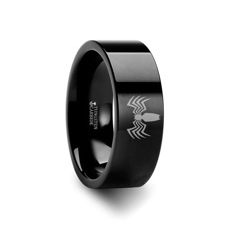 Ladies Rings for Activist Glow-Thorsten Venom Spiderman Symbol Black Tungsten Engraved Ring - 4mm-12mm