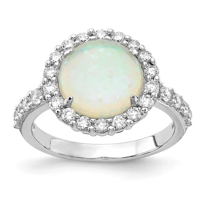 Ladies Rings for Chef Spark-Cheryl M Sterling Silver Round White Created Opal & CZ Halo Ring